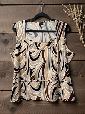 Essentials by Milano Swirl Abstract Print Sleeveless Top in Cream, Brown & Black